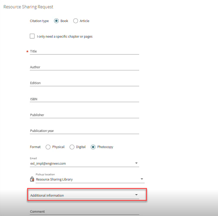 Resource Sharing Request Primo VE Additional Information field